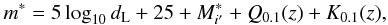 Mathematical equation: \begin{eqnarray} m^{*}=5\log_{10} d_{\rm L} + 25 +M_{i'}^{*}+Q_{0.1}(z)+K_{0.1}(z) , \end{eqnarray}