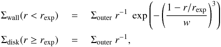 Mathematical equation: \begin{eqnarray} \label{eq:shape} \Sigma_{\rm wall}(r < r_{\rm exp}) &~=~& \Sigma_{\rm outer}~r^{-1}~\exp\left( -\left(\frac{1-r/r_{\rm exp}}{w}\right)^3\right)\nonumber\\ \Sigma_{\rm disk}(r \geq r_{\rm exp})& ~=~& \Sigma_{\rm outer}~r^{-1}, \end{eqnarray}