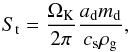 Mathematical equation: \begin{equation} S_{\rm t} = \frac{\Omega_{\rm K}}{2\pi}\frac{a_{\rm d} m_{\rm d}}{c_{\rm s}\rho_{\rm g}}, \end{equation}