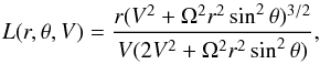 Mathematical equation: \begin{equation} L(r,\theta,V)=\frac{r(V^{2}+\Omega^2r^2\sin^2\theta)^{3/2}}{V(2V^{2}+\Omega^2r^2\sin^2\theta)},\label{focusing-length} \end{equation}