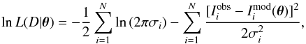 Mathematical equation: \appendix \setcounter{section}{2} \begin{equation} \ln L(D|{\bm{\theta}}) = -\frac{1}{2}\sum_{i=1}^{N}\ln\,(2 \pi\sigma_{i})-\sum_{i=1}^{N}\frac{[I^\emr{obs}_{i}-I^\emr{mod}_{i}(\bm{\theta})]^ {2}}{2\sigma_{i}^{2}}, \end{equation}