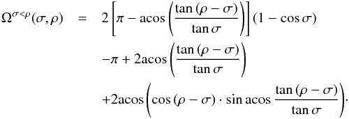 Mathematical equation: \appendix \setcounter{section}{1} \begin{eqnarray} \Omega^{\sigma<\rho}(\sigma,\rho)&=&2\left[\pi - \acos{\left(\frac{\tan{(\rho-\sigma)}}{\tan{\sigma}}\right)}\right] \left(1-\cos{\sigma}\right) \notag\\ &&-\pi + 2 \acos{\left(\frac{\tan{(\rho-\sigma)}}{\tan{\sigma}}\right)} \notag\\ &&+2\acos{\left(\cos{(\rho-\sigma)} \cdot \sin\acos{ \frac{\tan{(\rho-\sigma)}}{\tan{\sigma}} }\right)} \cdot \label{eq:Osr2} \end{eqnarray}