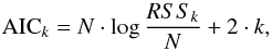 Mathematical equation: \begin{equation} \mathrm{AIC}_k=N\cdot \log{\frac{RSS_k}{N}} + 2\cdot k, \label{eq:AIC} \end{equation}