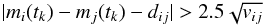 Mathematical equation: \begin{equation} |m_i(t_k)-m_j(t_k)-d_{ij}| > 2.5\sqrt{v_{ij}} \label{eq:incons} \end{equation}