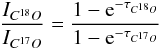 Mathematical equation: \appendix \setcounter{section}{2} \begin{equation} \frac{I_{C^{18}O}}{I_{C^{17}O}} = \frac{1-{\rm e}^{-\tau_{C^{18}O}}}{1-{\rm e}^{-\tau_{C^{17}O}}} \end{equation}