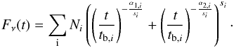 Mathematical equation: \begin{eqnarray} F_\nu(t)=\sum_{\rm i} N_{i}\left( \left( \frac{t}{t_{\rm b,\it i}}\right)^{-\frac{\alpha_{1,i}}{s_{i}}}+ \left(\frac{t}{t_{\rm b,\it i}}\right)^{-\frac{\alpha_{2,i}}{s_{i}}} \right)^{s_{i}}\cdot \end{eqnarray}