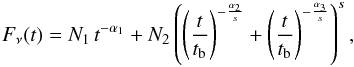 Mathematical equation: \begin{eqnarray} F_\nu(t)=N_1\,t^{-\alpha_1}+N_2\left( \left( \frac{t}{t_{\rm b}}\right)^{-\frac{\alpha_2}{s}}+ \left(\frac{t}{t_{\rm b}}\right)^{-\frac{\alpha_3}{s}} \right)^{s},\label{bro4} \end{eqnarray}