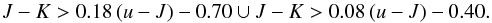 Mathematical equation: \begin{equation} J-K >0.18\,(u- J )-0.70 \cup J-K >0.08\,(u- J )-0.40. \vspace*{-3mm} \end{equation}