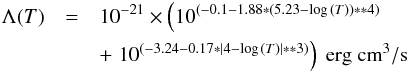 Mathematical equation: \begin{eqnarray} \Lambda(T) & = & 10^{-21} \times \left( 10^{(-0.1-1.88*(5.23-\log\,(T))**4)} \right. \nonumber \\ & &+ \left. 10^{(-3.24-0.17*|4-\log\,(T)|**3)}\right) {\rm \ erg\ cm}^3/{\rm s} \nonumber \end{eqnarray}
