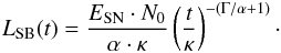\begin{eqnarray} L_{\rm{SB}}(t) = \frac{E_{\rm{SN}} \cdot N_0}{\alpha \cdot \kappa} \left( \frac{t}{\kappa} \right)^{-(\Gamma/\alpha+1)} \cdot \label{eLSB2} \end{eqnarray}
