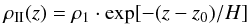 \begin{eqnarray} \rho_{\rm II} (z)=\rho_1 \cdot \exp[-( z -z_0 ) /H] \label{erho2} \end{eqnarray}