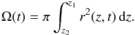 \begin{eqnarray} \Omega(t) = \pi \int_{z_2}^{z_1} r^2(z,t) \, {\rm d}z . \label{eomega} \end{eqnarray}