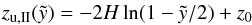 \begin{eqnarray} z_{\rm u,II} (\tilde{y}) = -2 H \ln (1-\tilde{y}/2) + z_0 \end{eqnarray}