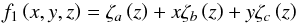 Mathematical equation: \appendix \setcounter{section}{2} \begin{equation} f_{1}\left(x,y,z\right)=\zeta_{a}\left(z\right)+x\zeta_{b}\left(z\right)+y\zeta_{c}\left(z\right)\label{eq:lin_fit} \end{equation}