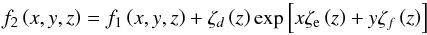 Mathematical equation: \appendix \setcounter{section}{2} \begin{equation} f_{2}\left(x,y,z\right)=f_{1}\left(x,y,z\right)+\zeta_{d}\left(z\right)\exp\left[x\zeta_{\rm e}\left(z\right)+y\zeta_{f}\left(z\right)\right]\label{eq:exp_fit} \end{equation}