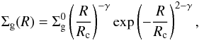 Mathematical equation: \begin{eqnarray} \Sigma_{\text{g}}(R) = \Sigma_{\text{g}}^{0}\left(\frac{R}{R_{\text{c}}}\right)^{-\gamma} \text{exp}\left(-\frac{R}{R_{\text{c}}}\right)^{2-\gamma}, \label{e1} \end{eqnarray}
