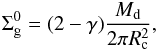 Mathematical equation: \begin{eqnarray} \Sigma_{\text{g}}^{0} = (2 - \gamma)\frac{M_{\text{d}}}{2 \pi R_{\text{c}}^{2}}, \label{e2} \end{eqnarray}