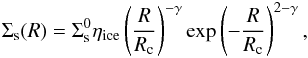 Mathematical equation: \begin{eqnarray} \Sigma_{\text{s}}(R) = \Sigma_{\text{s}}^{0}\eta_{\text{ice}}\left(\frac{R}{R_{\text{c}}}\right)^{-\gamma} \text{exp}\left(-\frac{R}{R_{\text{c}}}\right)^{2-\gamma}, \label{e3} \end{eqnarray}
