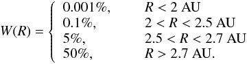Mathematical equation: \begin{eqnarray*} W(R) = \left\{ \begin{array}{ll} 0.001 \%, \hspace{0.5cm} & R < 2~\text{AU} \\ 0.1 \%, \, & 2 < R < 2.5~\text{AU} \\ 5 \%, \, & 2.5 < R < 2.7~\text{AU} \\ 50 \%, \, & R > 2.7~\text{AU}. \end{array} \right. \end{eqnarray*}