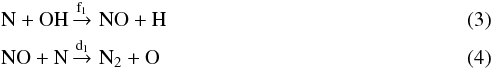 Mathematical equation: \begin{eqnarray} &&{\rm N + OH \mathop{\rightarrow}\limits^{f_1} \, NO + H}\\ &&{\rm NO + N \mathop{\rightarrow}\limits^{d_1} \, N_2 + O} \end{eqnarray}