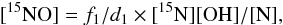 Mathematical equation: \begin{eqnarray*} {[\ensuremath{\rm ^{15}NO}]} = f_1/d_1 \times [\ensuremath{\rm ^{15}N}][\ensuremath{\rm OH}] / [\ensuremath{\rm N}], \end{eqnarray*}