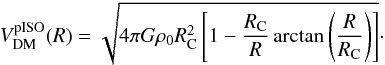 Mathematical equation: \begin{eqnarray} \vdm^{\rm pISO}(R) = \sqrt{4\pi G \rho_0 R_{\rm C}^2\left[1-\frac{R_{\rm C}}{R} \arctan\left(\frac{R}{R_{\rm C}}\right)\right]}\cdot \label{eq:pISO} \end{eqnarray}