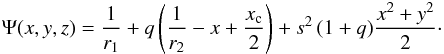 Mathematical equation: \appendix \setcounter{section}{2} \begin{eqnarray} \label{Eq2} \Psi(x,y,z) = \frac{\d 1}{\d r_1}+q\left(\frac{\d 1}{\d r_2}-x+\frac{\d x_{\rm c}}{\d 2}\right)+s^2\,(1+q)\frac{\d x^2+y^2}{\d 2}\cdot \end{eqnarray}