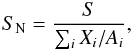 Mathematical equation: \begin{eqnarray} \label{normalised_entropy} S_{\rm N} = \frac{S}{\sum_{i}X_{i}/A_{i}} , \end{eqnarray}