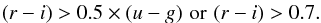 Mathematical equation: \begin{eqnarray} (r-i)>0.5 \times (u-g)\,\, {\rm or} \, \, (r-i)>0.7. \end{eqnarray}