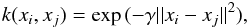 Mathematical equation: \begin{eqnarray} \label{Gaussian} k(x_i,x_j)=\exp{(-\gamma||x_i-x_j||^2}), \end{eqnarray}