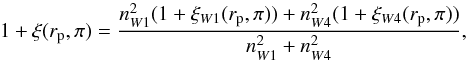 Mathematical equation: \begin{equation} 1+\xi(r_{\rm p},\pi)=\frac{n^2_{W1}(1+\xi_{W1}(r_{\rm p},\pi))+n^2_{W4}(1+\xi_{W4}(r_{\rm p},\pi))}{n^2_{W1}+n^2_{W4}}, \end{equation}