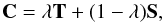 Mathematical equation: \begin{equation} {\bf C}=\lambda {\bf T} + (1-\lambda) {\bf S}, \end{equation}