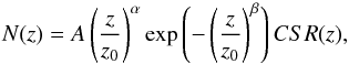 Mathematical equation: \begin{equation} N(z)=A \left(\frac{z}{z_0}\right)^\alpha \exp\left(-\left(\frac{z}{z_0}\right)^\beta\right){CSR}(z), \label{eq:nz} \end{equation}