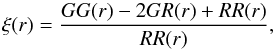 Mathematical equation: \begin{equation} \xi(r)=\frac{GG(r)-2GR(r)+RR(r)}{RR(r)}, \label{eq:xir} \end{equation}