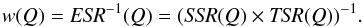 Mathematical equation: \begin{equation} w(Q)={\it ESR}^{-1}(Q)=({\it SSR}(Q)\times {\it TSR}(Q))^{-1}. \label{eq:weight} \end{equation}
