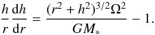 Mathematical equation: \begin{equation} \label{eq:bl_hydrostatic} \frac{h}{r}\frac{\mathrm{d} h}{\mathrm{d} r} = \frac{(r^{2} + h^{2})^{3/2}\Omega^{2}}{ GM_{*}} - 1. \end{equation}