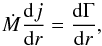Mathematical equation: \begin{equation} \label{eq:bl_AM_balance_1} \dot{M}\frac{\mathrm{d}j}{\mathrm{d}r} = \frac{\mathrm{d}\Gamma}{\mathrm{d} r} , \end{equation}