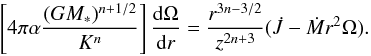 Mathematical equation: \begin{equation} \label{eq:bl_AM_balance} \left[ 4\pi \alpha \frac{(G M_{*})^{n+1/2}}{K^{n}}\right]\frac{\mathrm{d} \Omega}{\mathrm{d} r} = \frac{r^{3n-3/2}}{z^{2n+3}}(\dot{J} - \dot{M}r^{2} \Omega). \end{equation}