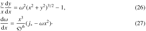 Mathematical equation: \begin{eqnarray} \label{eq:disc1} &&\frac{y}{x}\frac{\mathrm{d}y}{\mathrm{d}x} = \omega^{2}(x^{2}+y^{2})^{3/2} - 1 , \\\label{eq:disc2}&& \frac{\mathrm{d}\omega}{\mathrm{d}x} = \frac{x^{3}}{ \varsigma y^{6}}(j_{*}-\omega x^{2}) \cdot \end{eqnarray}