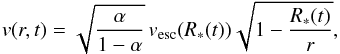 Mathematical equation: \begin{equation} v(r,t) = \sqrt{\frac{\alpha}{1-\alpha}}\,v_{\mathrm{esc}}(R_{*}(t)) \sqrt{1-\frac{R_{*}(t)}{r}} , \end{equation}