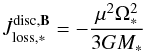 Mathematical equation: \begin{equation} \label{eq:disc_lock_torque_final} \dot{J}_{\mathrm{loss,*}}^{\mathrm{disc,}\vec{B}} = -\frac{\mu^{2} \Omega_{*}^{2}} {3 G M_{*}} \end{equation}