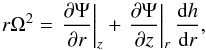 Mathematical equation: \begin{equation} \label{eq:bl_hydrostatic1} r\Omega^{2} = \left.\frac{\partial \Psi}{\partial r}\right|_{z} + \left.\frac{\partial \Psi}{\partial z}\right|_{r} \frac{\mathrm{d}h}{\mathrm{d}r}, \end{equation}