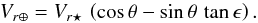 Mathematical equation: \begin{equation} V_{{r\oplus}} = V_{{r\star}} \, \left( \cos{\theta} -\sin{\theta} \, \tan{\epsilon} \right). \label{eq:vobs} \end{equation}