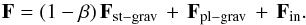 Mathematical equation: \begin{equation} \label{eq:pfd} \vec{F}=(1-\beta)\,\vec{F}_{\mathrm{st-grav}}\,+\,\vec{F}_{\mathrm{pl-grav}}\,+\,\vec{F}_{\mathrm{in}}. \end{equation}
