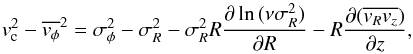 Mathematical equation: \begin{equation} v_\mathrm{c}^2-\overline{v_{\phi}}^2=\sigma_{\phi}^2-\sigma_{R}^2 -\sigma_{R}^2 R \frac{ \partial\ln\,(\nu \sigma_{R}^2)}{\partial R} -R\frac{\partial(\overline{v_{R} v_{z}})}{\partial z}, \label{jeans} \end{equation}