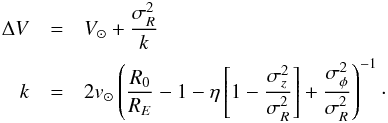 Mathematical equation: \begin{eqnarray} \label{stromberg} \Delta V&=&V_\mathrm{\sun}+\frac{\sigma_{R}^2}{k} \nonumber\\ k&=&2v_\mathrm{\sun} \left(\frac{R_0}{R_{E}}-1 - \eta\left[1-\frac{\sigma_{z}^2}{\sigma_{R}^2}\right] + \frac{\sigma_\mathrm{\phi}^2}{\sigma_{R}^2}\right)^{-1}\cdot \end{eqnarray}