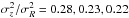 Mathematical equation: \hbox{$\sigma_{z}^2/\sigma_{R}^2=0.28, 0.23, 0.22$}