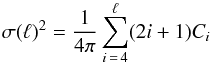Mathematical equation: \begin{equation} \sigma(\ell)^2=\frac{1}{4\pi}\sum_{i\,=\,4}^{\ell}(2i+1)C_i \label{eq:sigmal} \end{equation}