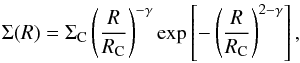 Mathematical equation: \appendix \setcounter{section}{1} \begin{equation} \Sigma (R) = \Sigma_{\rm C} \left ( \frac{R}{R_{\rm{C}}} \right ) ^{-\gamma} \exp \left [-\left (\frac{R}{R_{\rm{C}}} \right )^{2-\gamma} \right ], \end{equation}