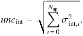Mathematical equation: \begin{equation} unc_{\rm int} = \sqrt{\sum_{i\,=\,0}^{N_{\rm ap}} \sigma_{\rm int,{\it i}}^2}. \end{equation}